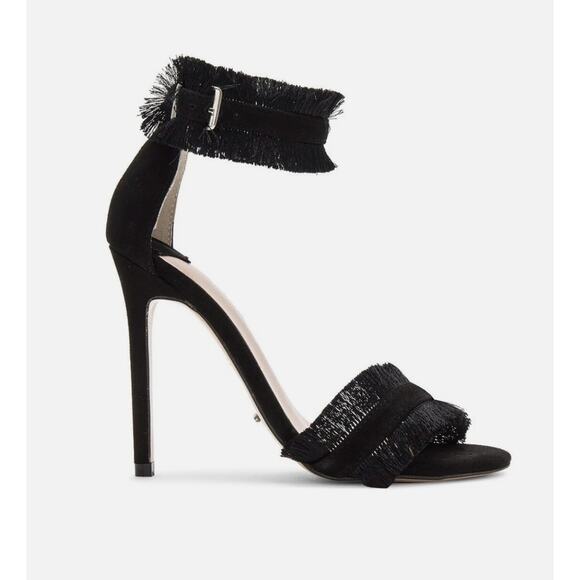 Tony Bianco Kimi Fringe Heels 6 Black Sandals Cocktail Travel Resort - Picture 1 of 11